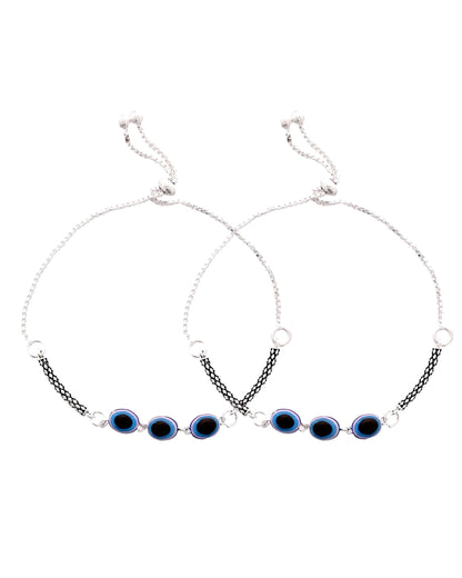 Jewels Nest Set of 2 Silver-Plated Stainless Steel Evil Eye Oval Beaded Anklets