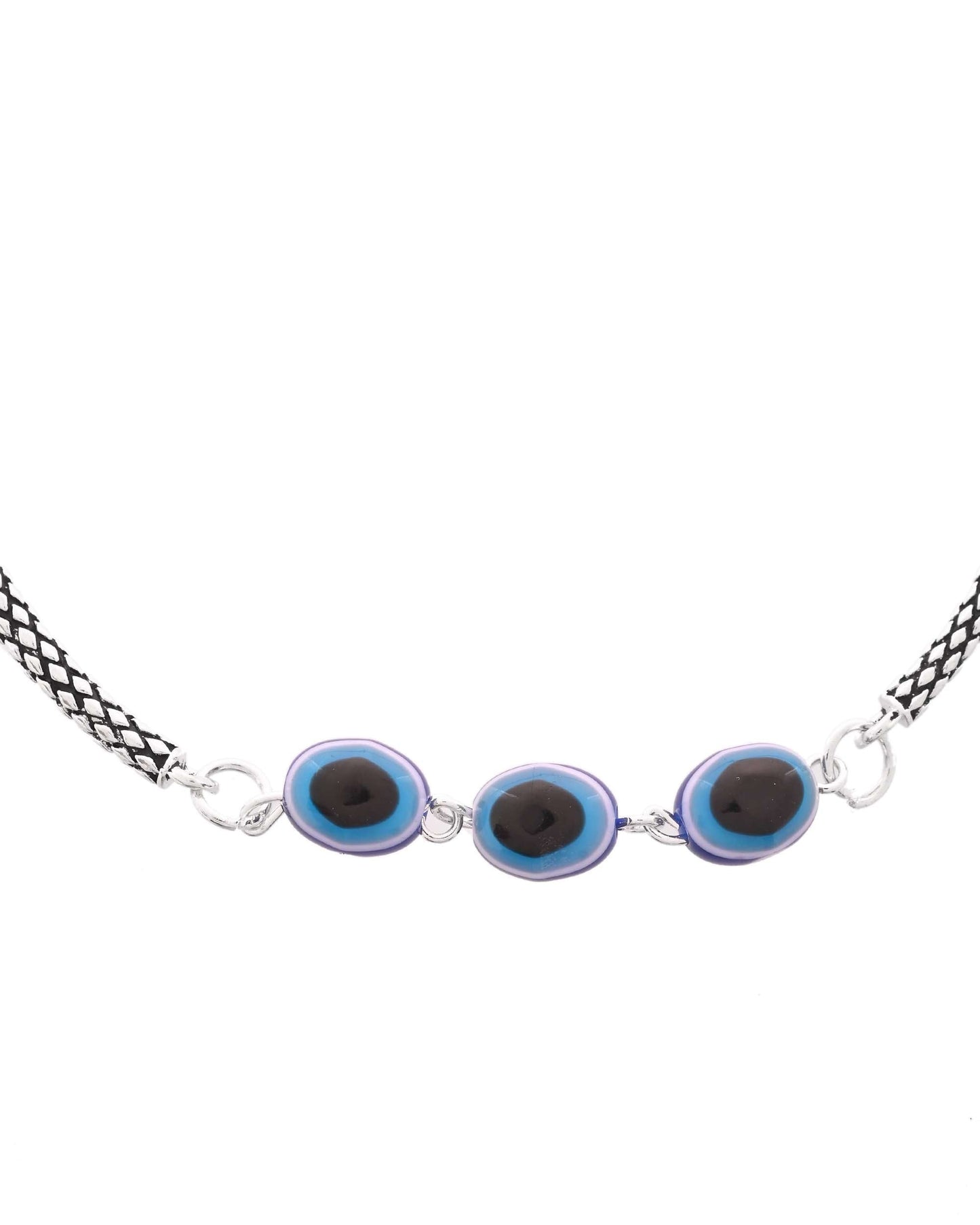 Jewels Nest Set of 2 Silver-Plated Stainless Steel Evil Eye Oval Beaded Anklets