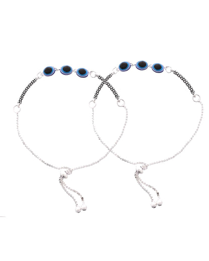 Jewels Nest Set of 2 Silver-Plated Stainless Steel Evil Eye Oval Beaded Anklets
