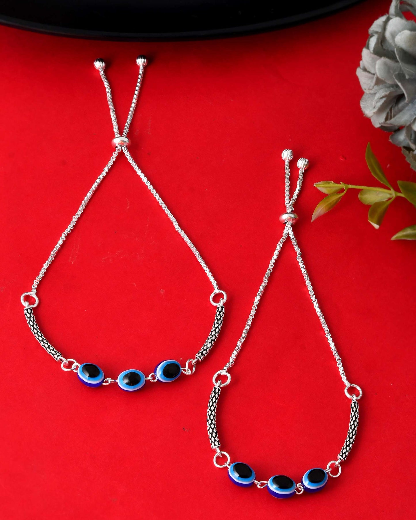 Jewels Nest Set of 2 Silver-Plated Stainless Steel Evil Eye Oval Beaded Anklets