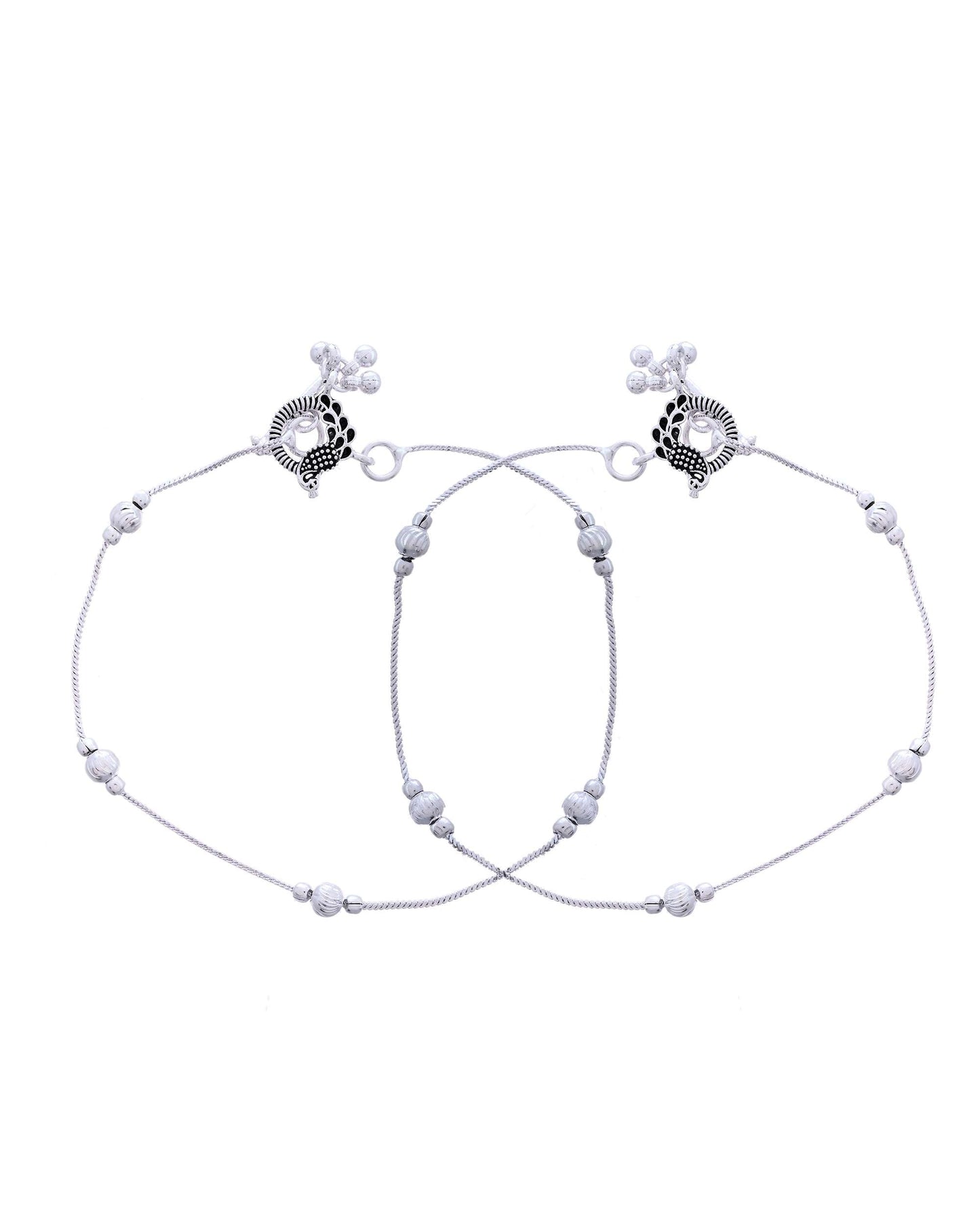 Jewels Nest Set of 2 Traditional Silver-Plated Ball & Chain Anklets