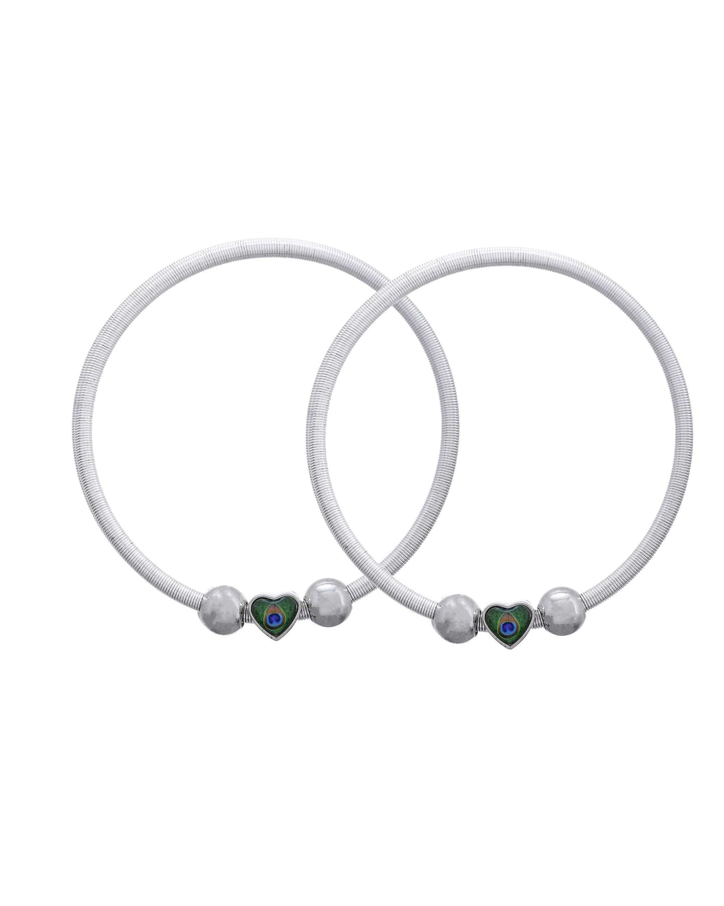 Jewels Nest Set of 2 Silver-Plated Stainless Steel Heart-Shaped Peacock Stone Beaded Anklets