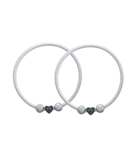 Jewels Nest Set of 2 Silver-Plated Stainless Steel Heart-Shaped Peacock Stone Beaded Anklets