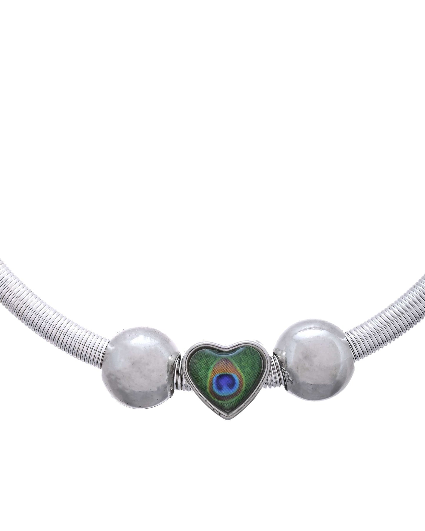 Jewels Nest Set of 2 Silver-Plated Stainless Steel Heart-Shaped Peacock Stone Beaded Anklets