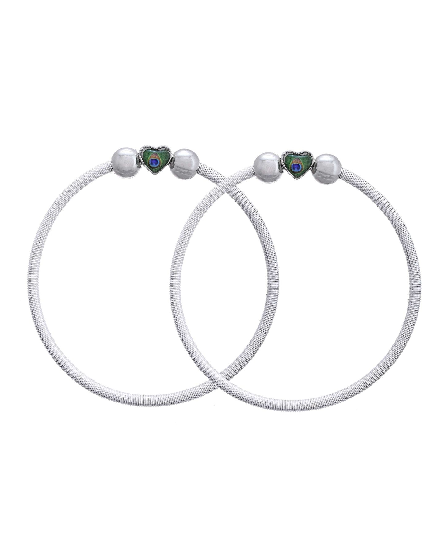 Jewels Nest Set of 2 Silver-Plated Stainless Steel Heart-Shaped Peacock Stone Beaded Anklets