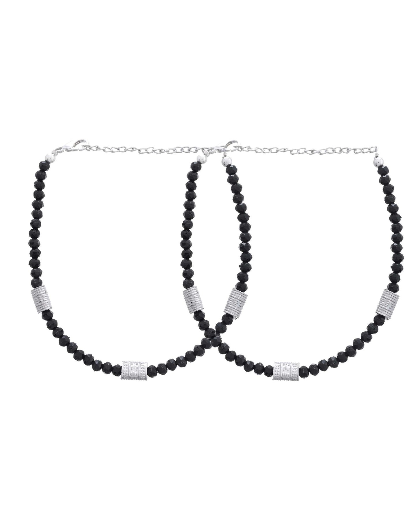 Jewels Nest Set of 2 Silver-Plated Anklets with Polished Black Beads and Barrel Charms
