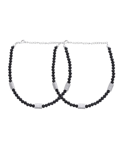 Jewels Nest Set of 2 Silver-Plated Anklets with Polished Black Beads and Barrel Charms