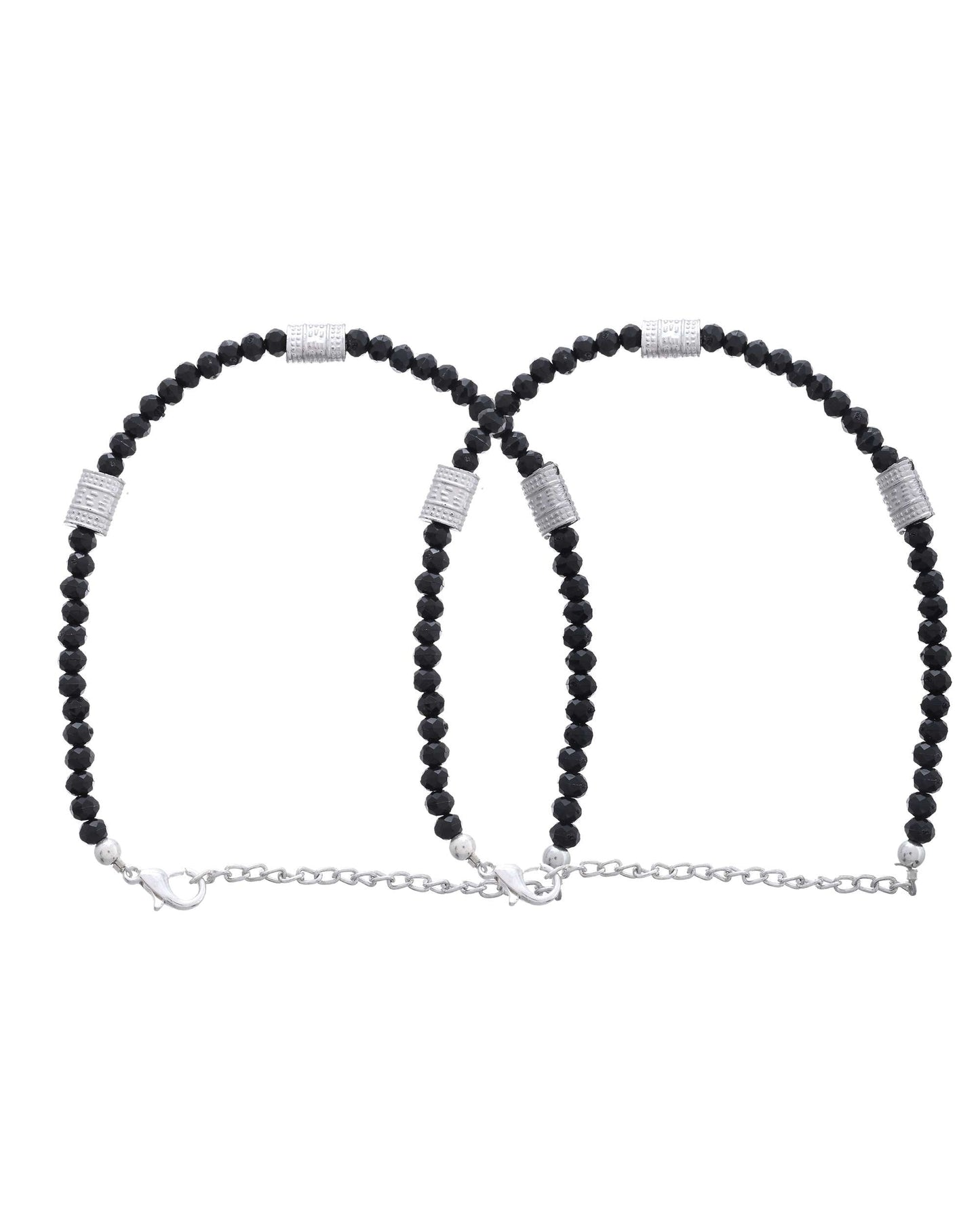 Jewels Nest Set of 2 Silver-Plated Anklets with Polished Black Beads and Barrel Charms