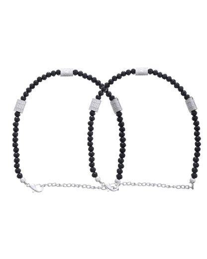 Jewels Nest Set of 2 Silver-Plated Anklets with Polished Black Beads and Barrel Charms