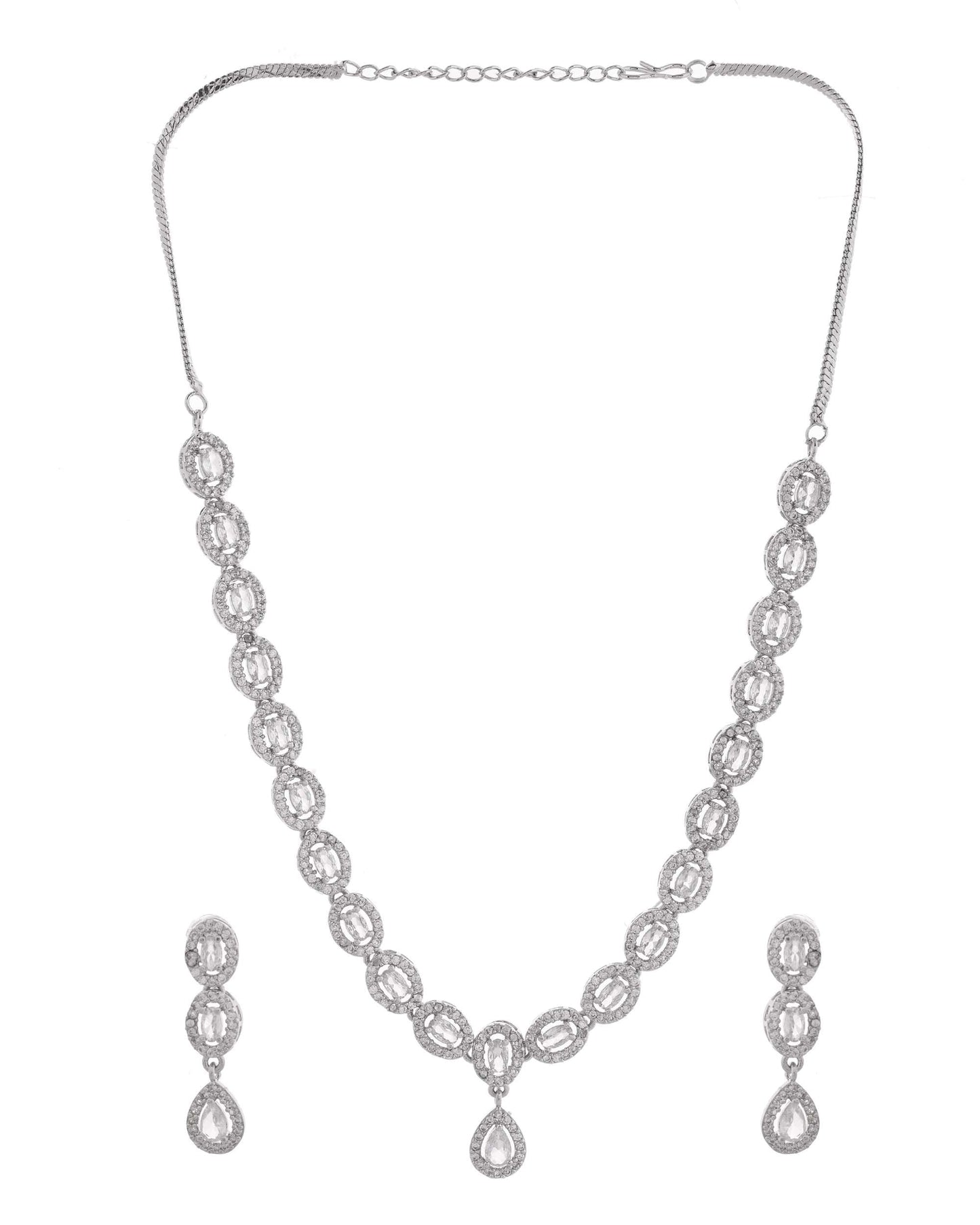 Jewels Nest Elegant American Diamond-Studded Necklace Set in Rhodium Finish