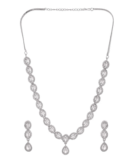 Jewels Nest Elegant American Diamond-Studded Necklace Set in Rhodium Finish