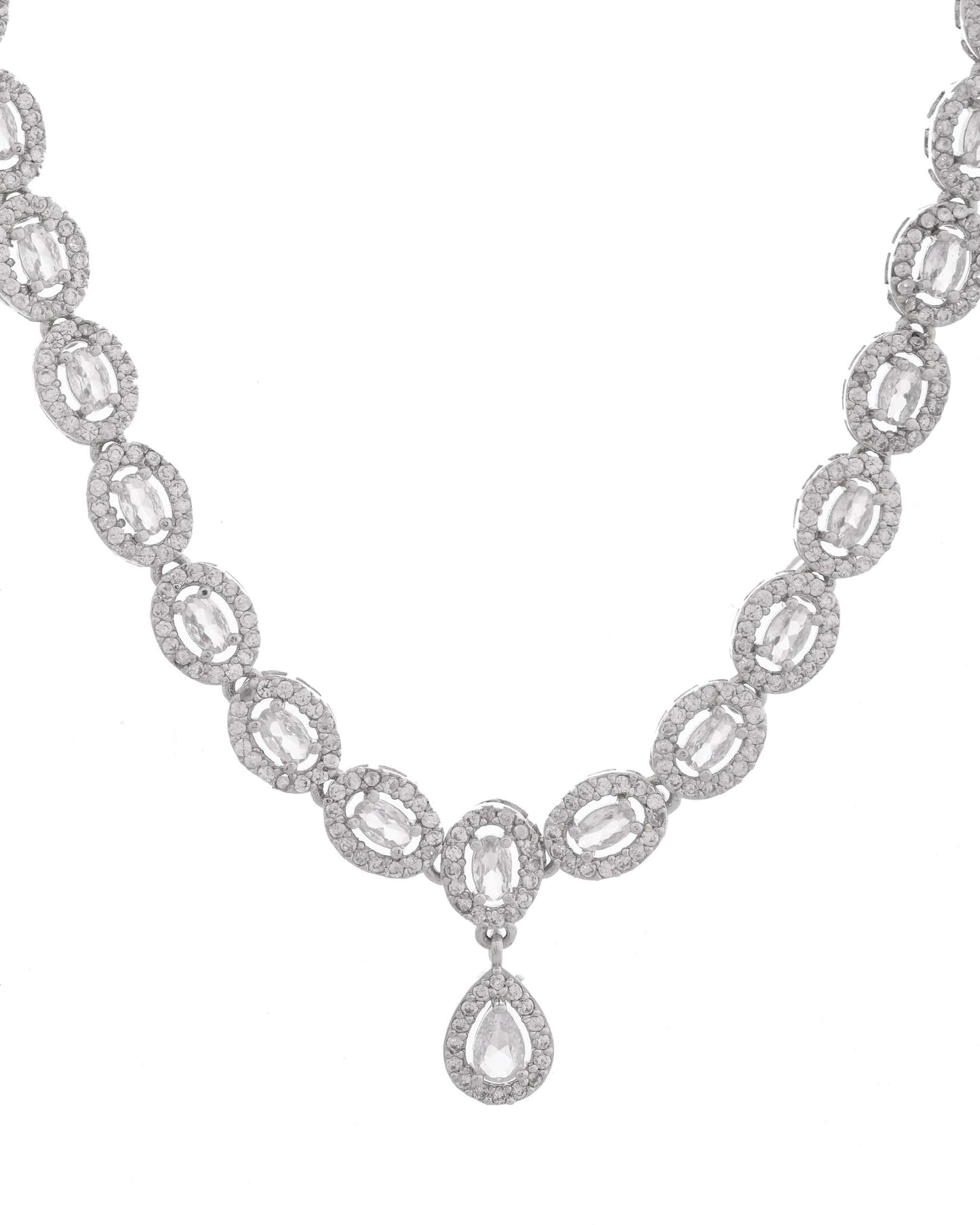 Jewels Nest Elegant American Diamond-Studded Necklace Set in Rhodium Finish