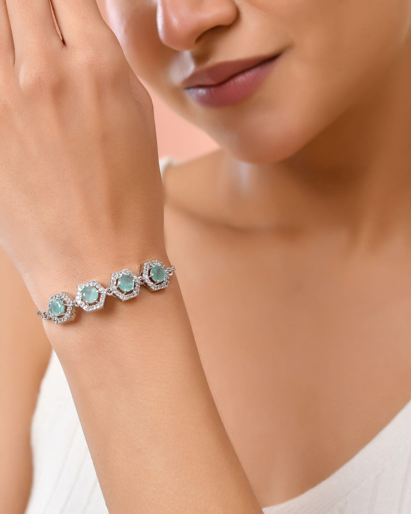 Jewels Nest Mint Green Stone Diamond-Style Adjustable Bracelet For Women