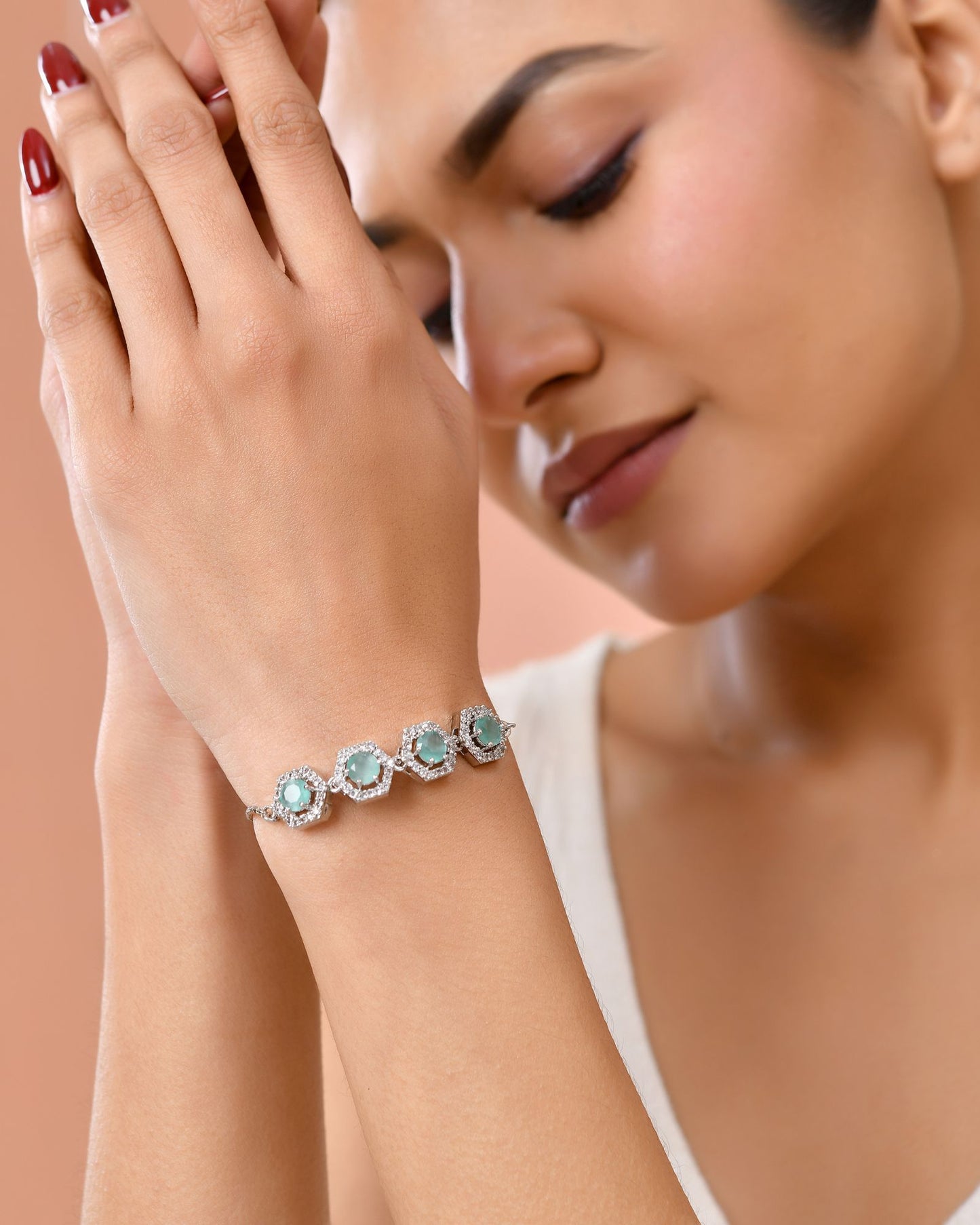 Jewels Nest Mint Green Stone Diamond-Style Adjustable Bracelet For Women
