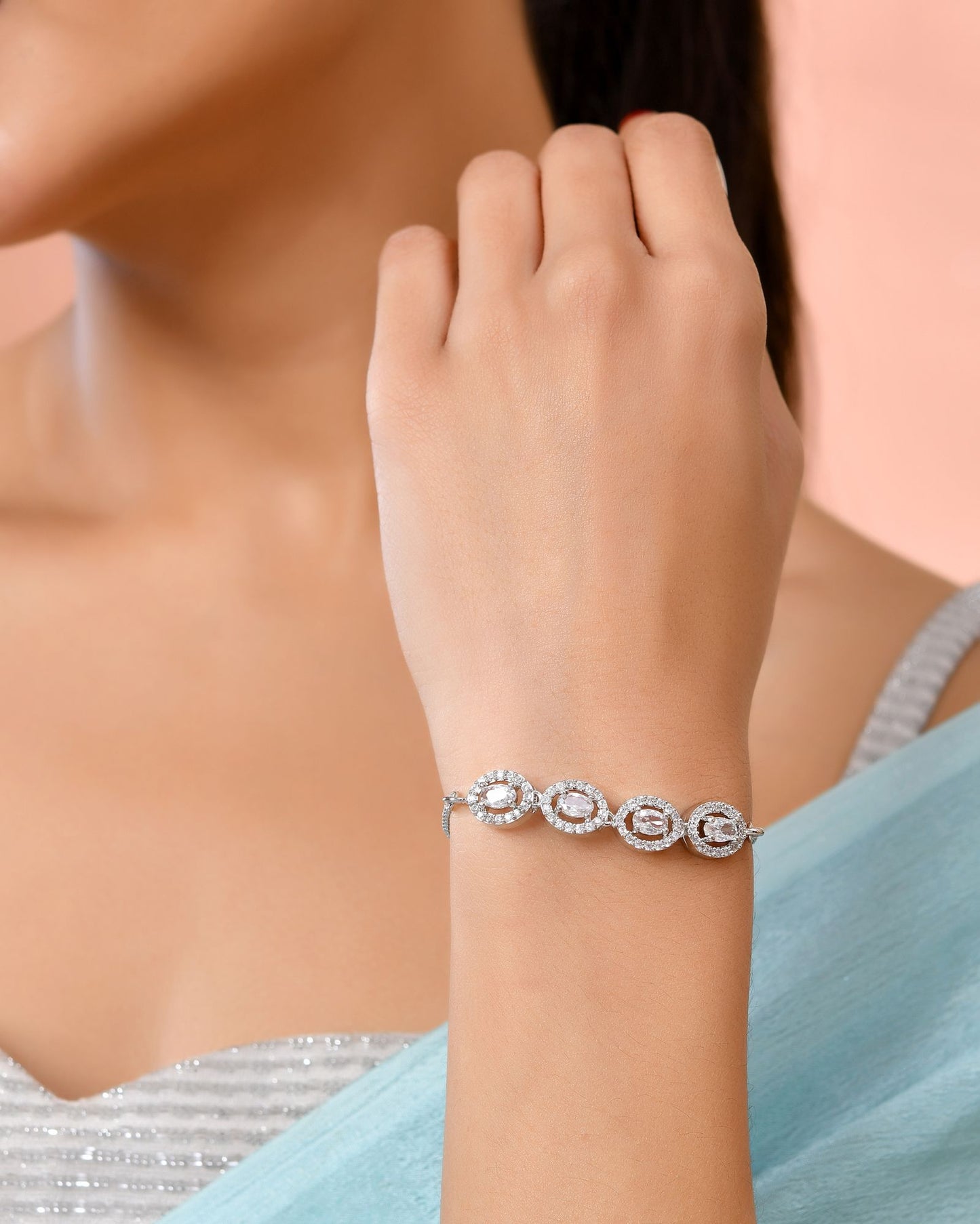 Jewels Nest Classic Oval White Stone Diamond-Style Adjustable Bracelet