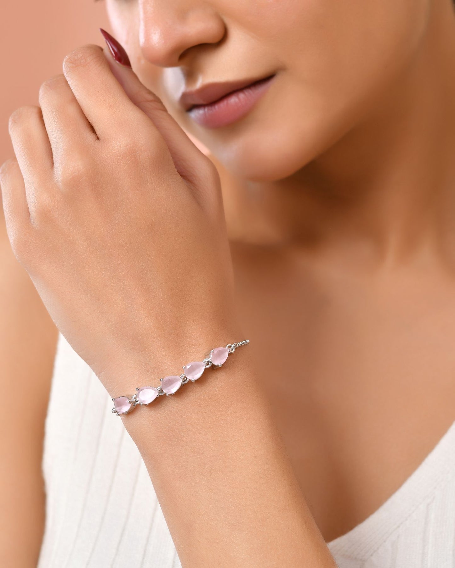 Jewels Nest Pink Heart Stone Adjustable Bracelet For Women