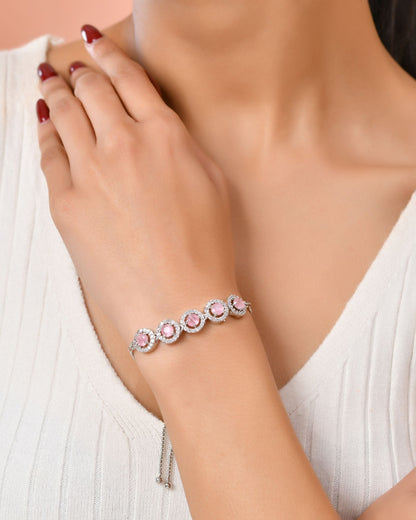Jewels Nest Silver Plated Pink Stone Adjustable Bracelet
