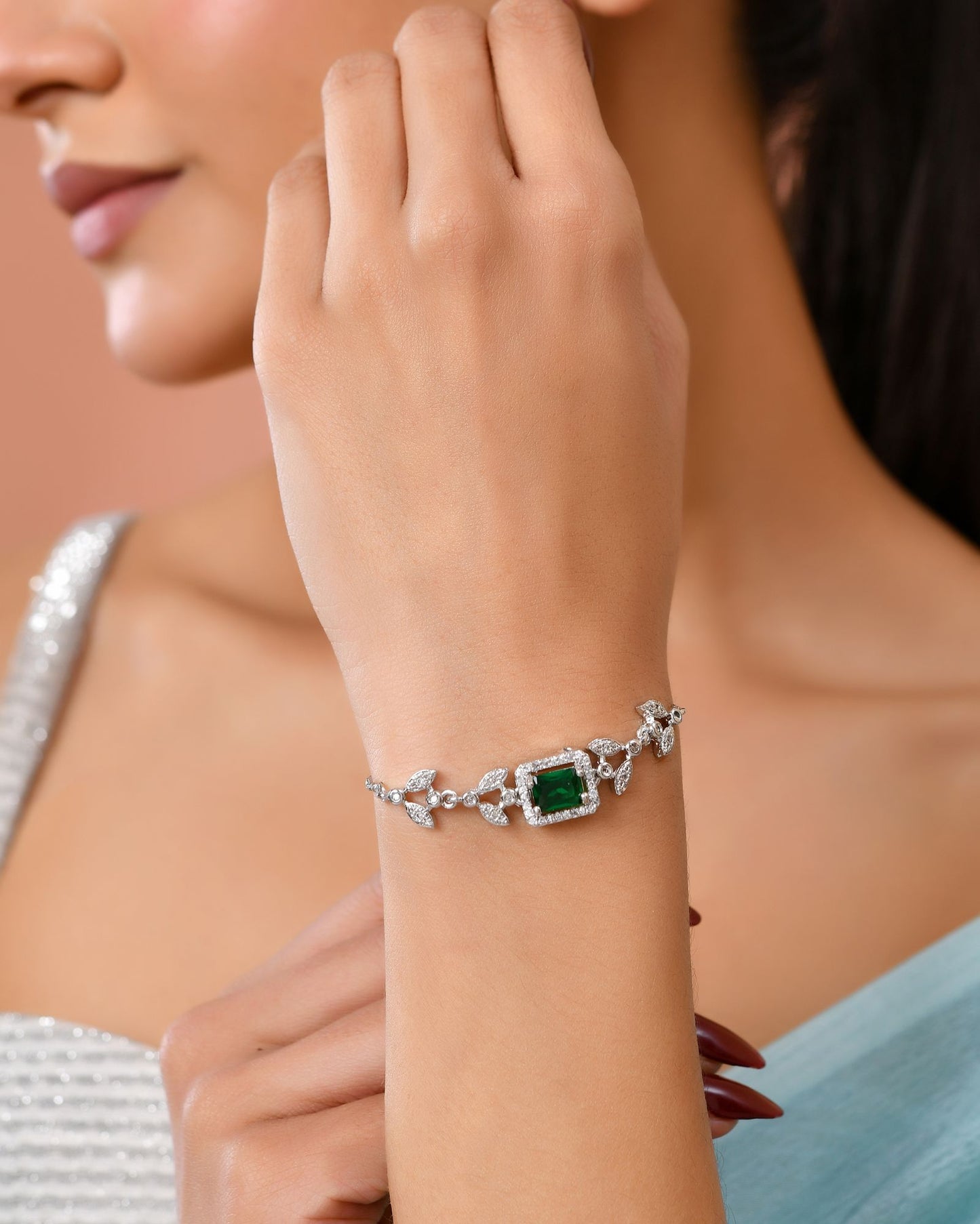 Jewels Nest Silver Plated Green Stone Adjustable Statement Bracelet
