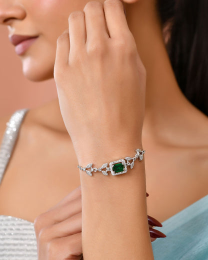 Jewels Nest Silver Plated Green Stone Adjustable Statement Bracelet