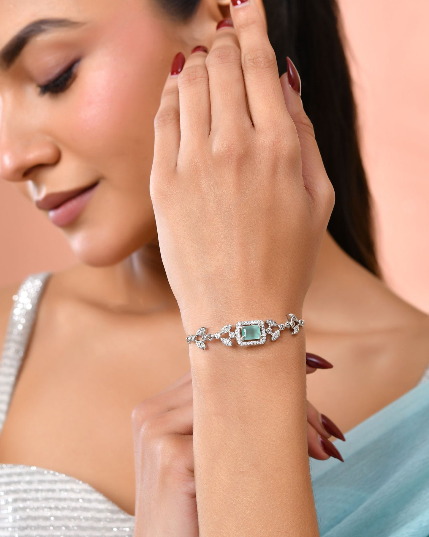 Jewels Nest Silver Plated Green Stone Adjustable Bracelet With Leaf Cz Design