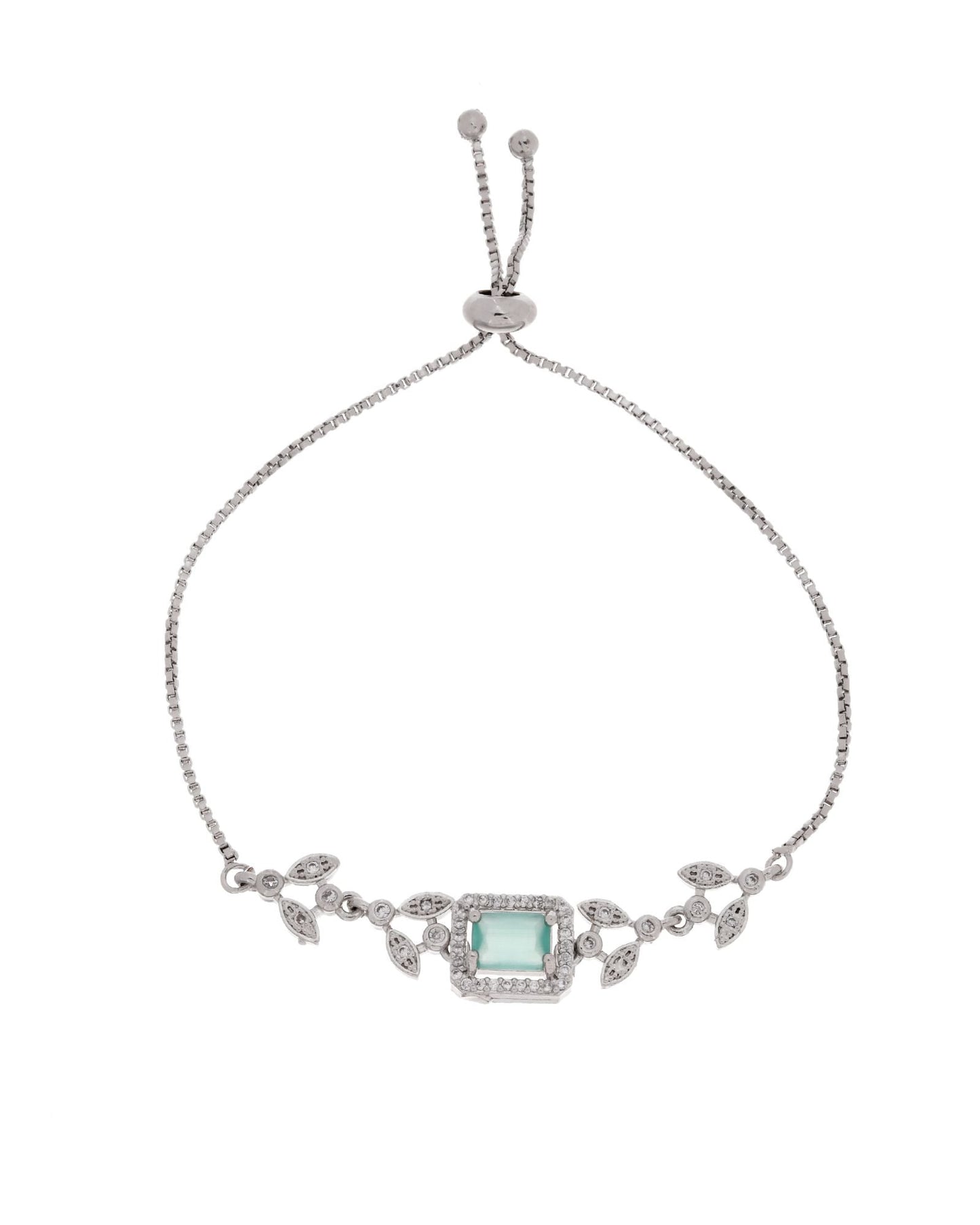 Jewels Nest Silver Plated Green Stone Adjustable Bracelet With Leaf Cz Design