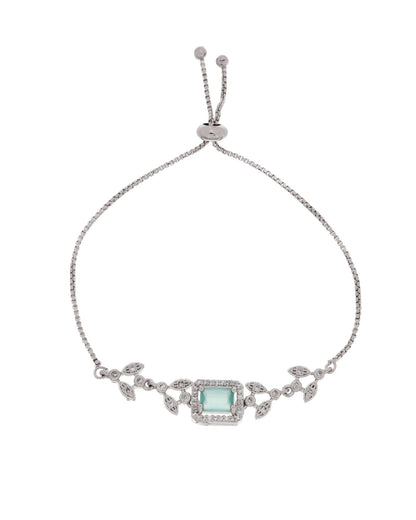 Jewels Nest Silver Plated Green Stone Adjustable Bracelet With Leaf Cz Design