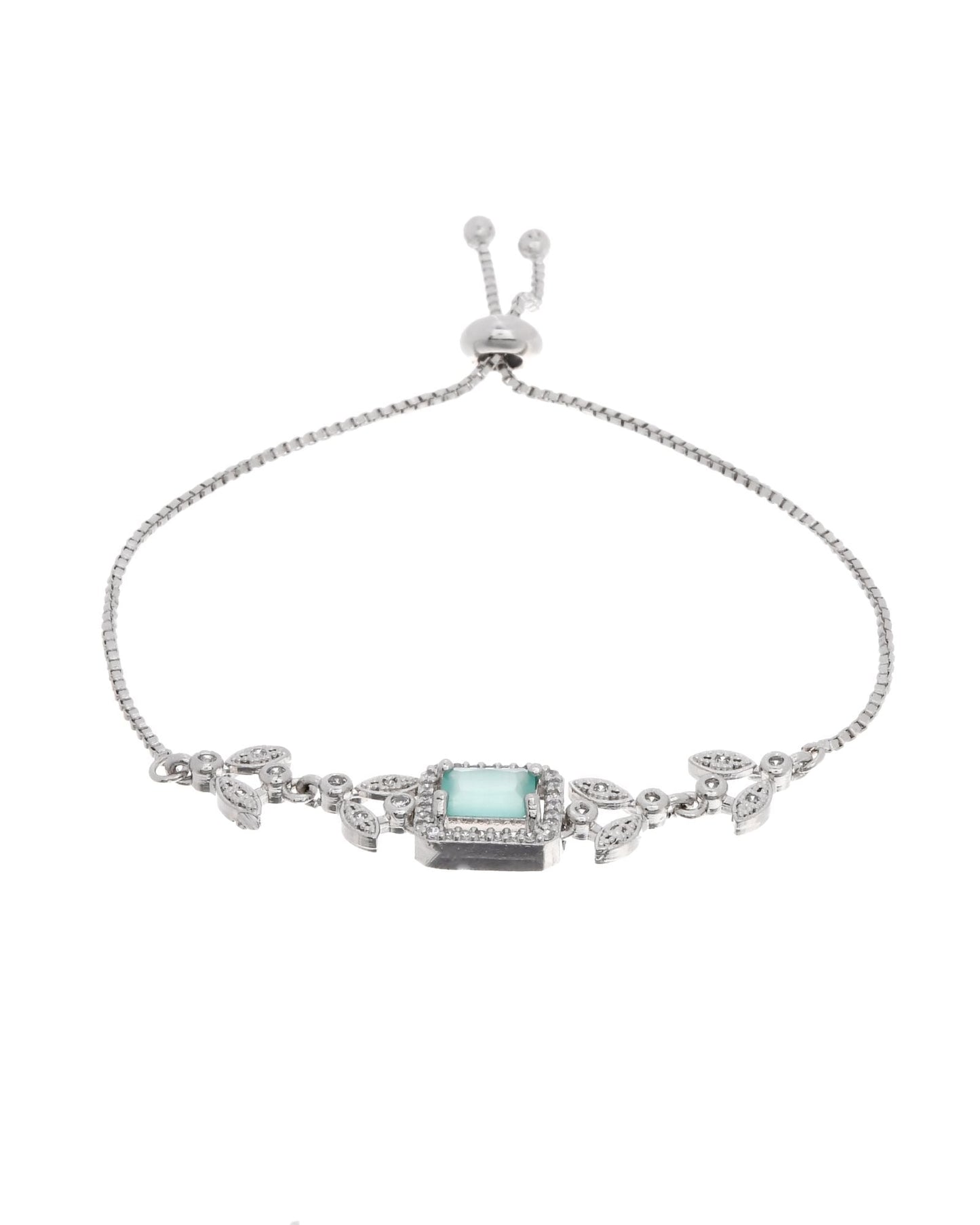 Jewels Nest Silver Plated Green Stone Adjustable Bracelet With Leaf Cz Design