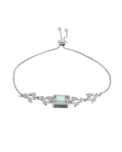 Jewels Nest Silver Plated Green Stone Adjustable Bracelet With Leaf Cz Design