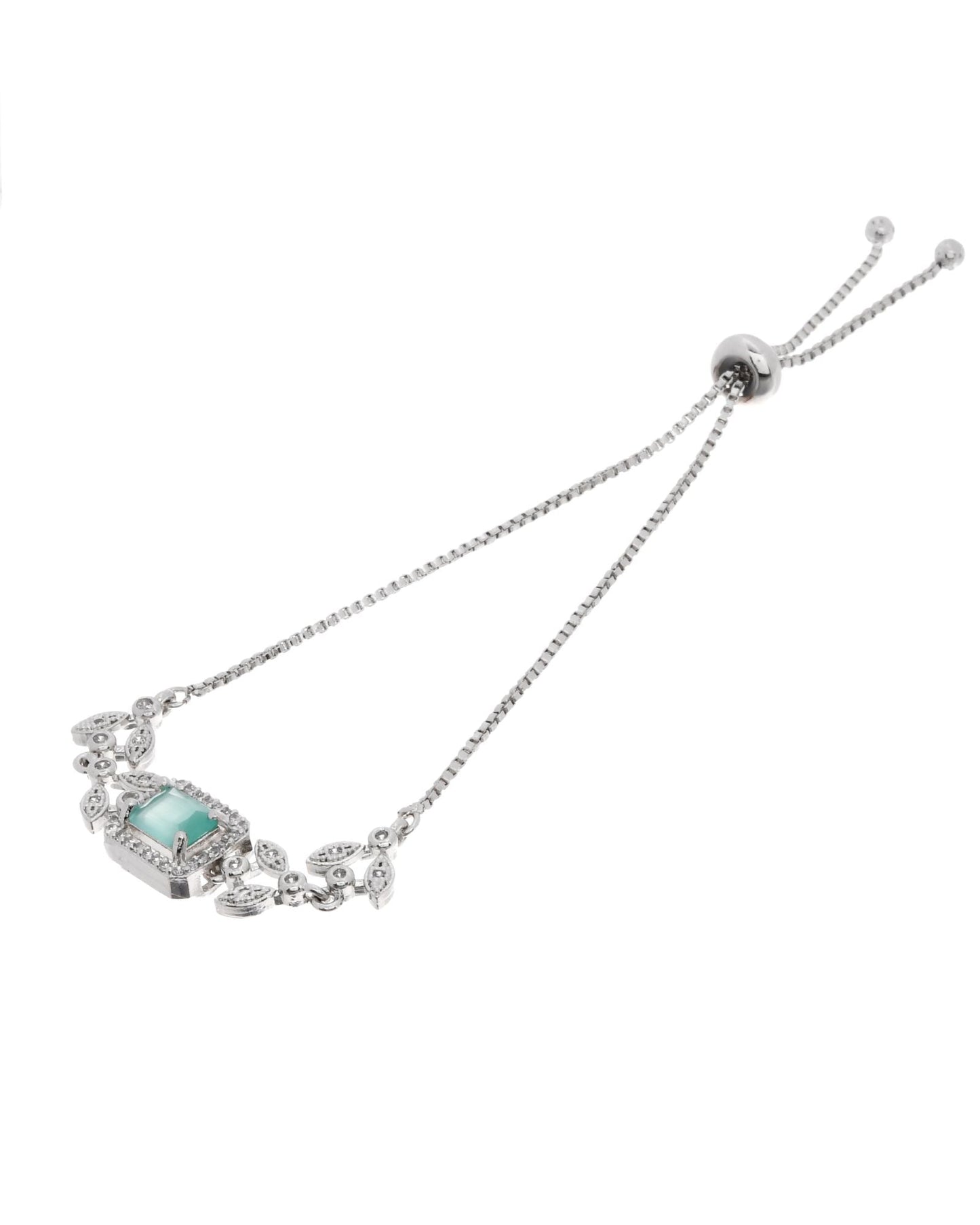 Jewels Nest Silver Plated Green Stone Adjustable Bracelet With Leaf Cz Design