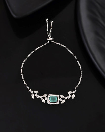 Jewels Nest Silver Plated Green Stone Adjustable Bracelet With Leaf Cz Design
