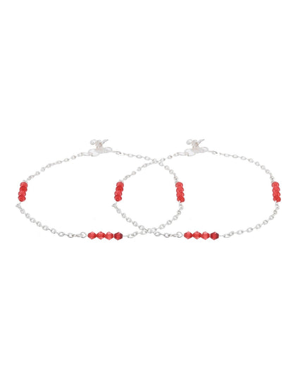Jewels Nest Silver Plated Red Beads Adjustable Anklet With Heart Clasp