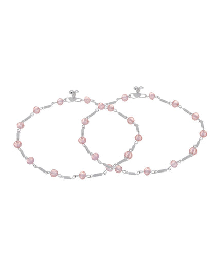 Jewels Nest Silver Plated Pink Crystal Beads Adjustable Anklet For Women