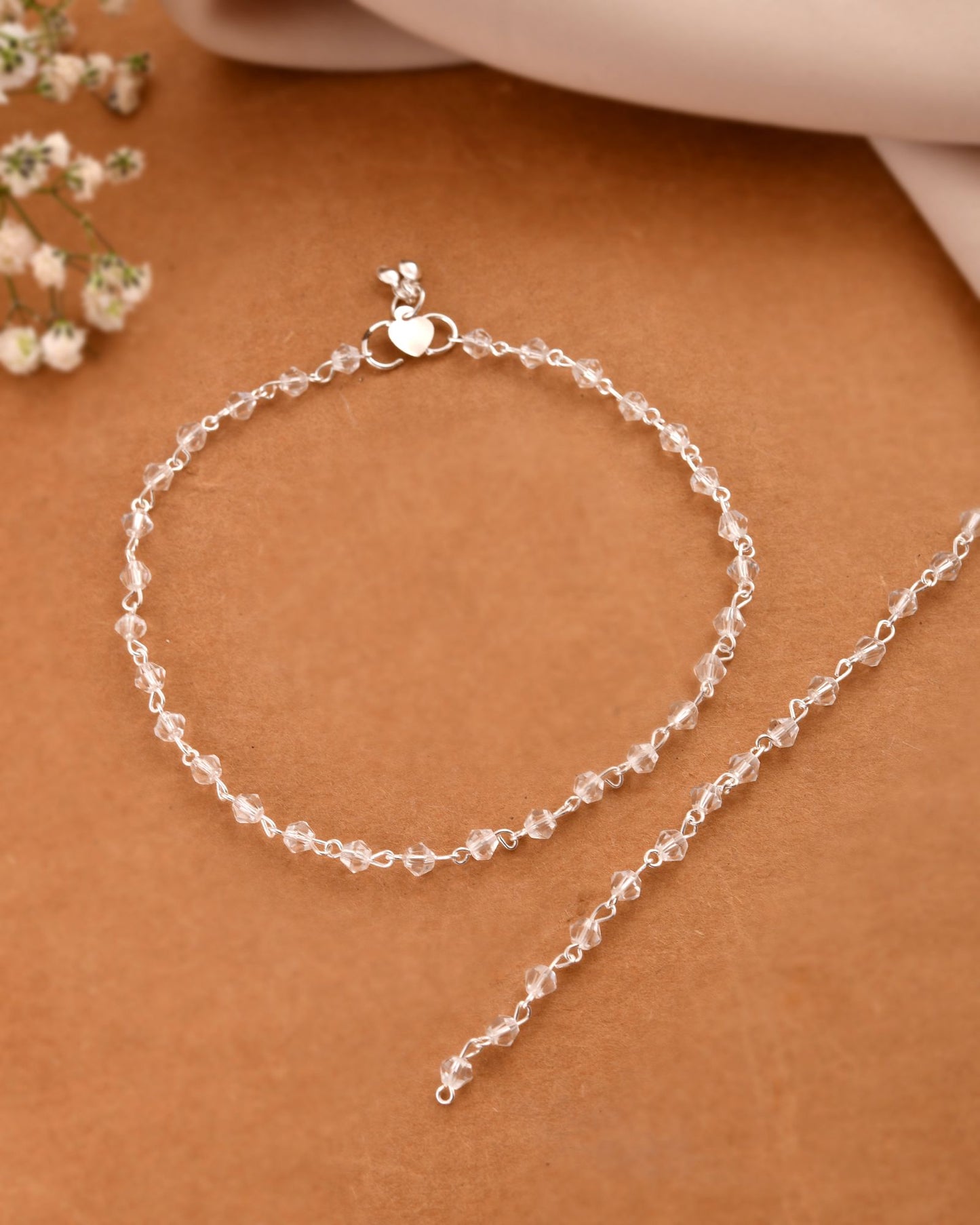 Jewels Nest Silver Plated Transparent Crystal Beads Adjustable Anklet For Women