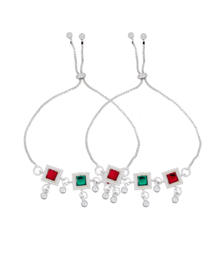 Jewels Nest Silver Plated Square Stone Adjustable Anklet With Ghungroo Charms For Women