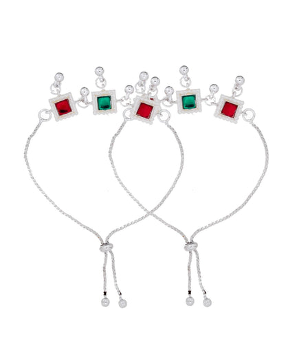 Jewels Nest Silver Plated Square Stone Adjustable Anklet With Ghungroo Charms For Women
