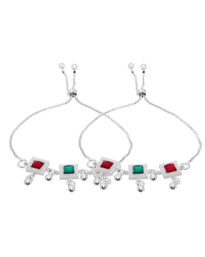 Jewels Nest Silver Plated Square Stone Adjustable Anklet With Ghungroo Charms For Women