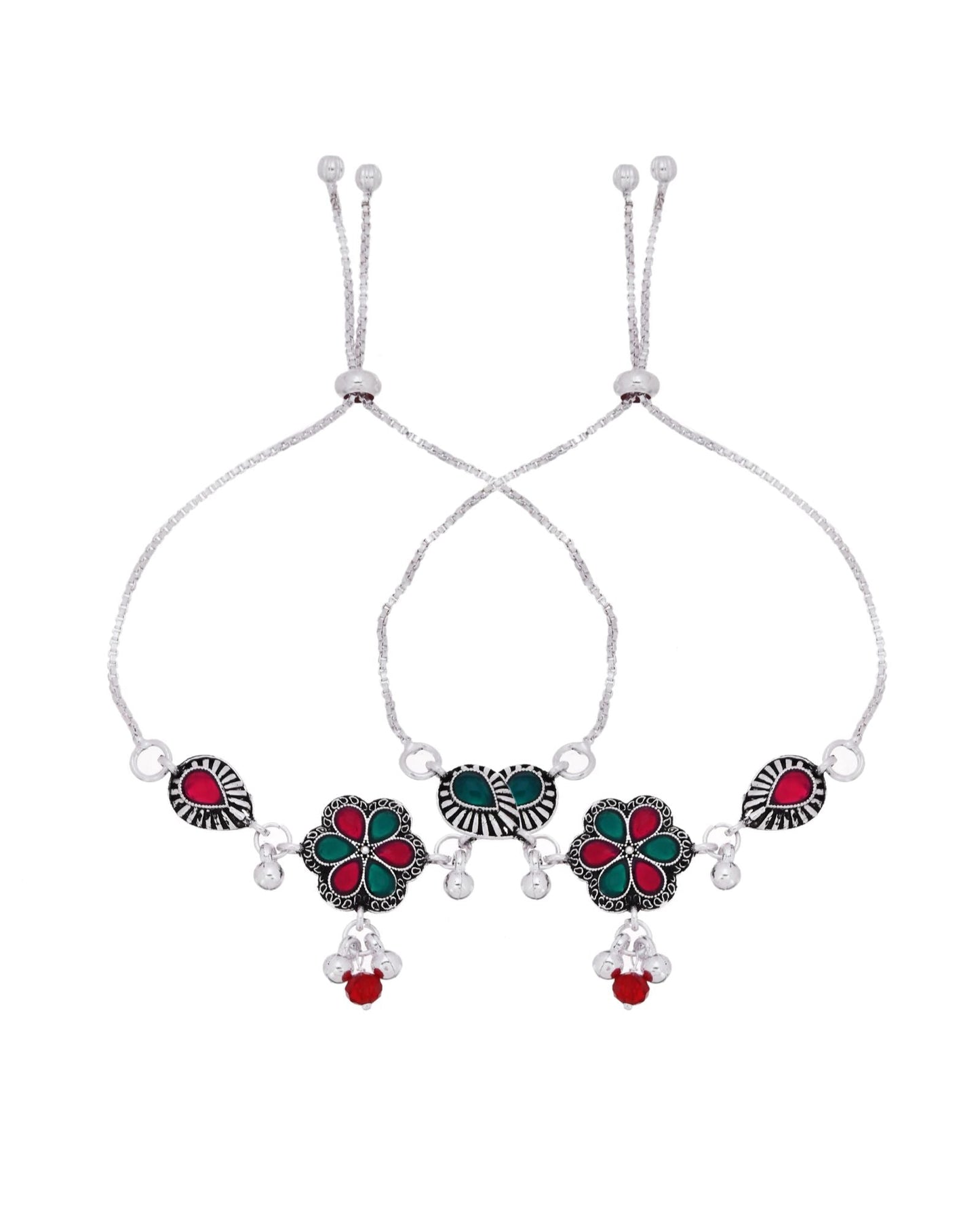 Jewels Nest Silver Plated Floral Stone Adjustable Anklet With Ghungroo Charms For Women