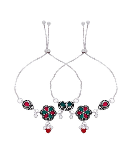 Jewels Nest Silver Plated Floral Stone Adjustable Anklet With Ghungroo Charms For Women