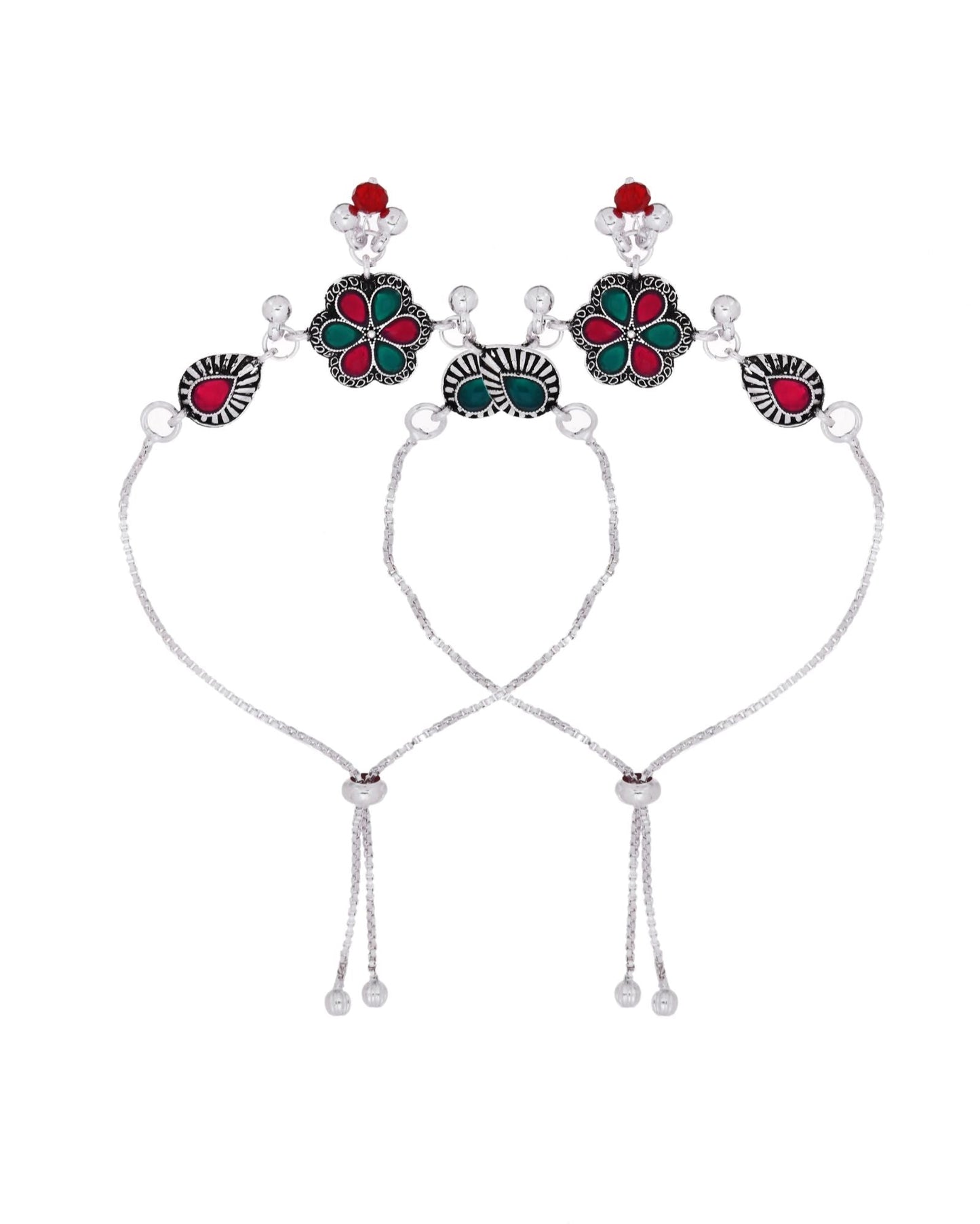 Jewels Nest Silver Plated Floral Stone Adjustable Anklet With Ghungroo Charms For Women
