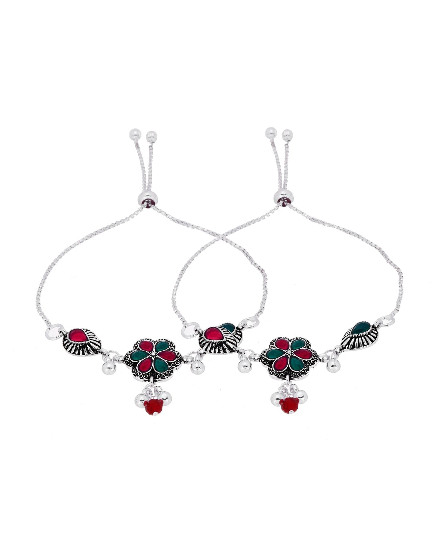 Jewels Nest Silver Plated Floral Stone Adjustable Anklet With Ghungroo Charms For Women