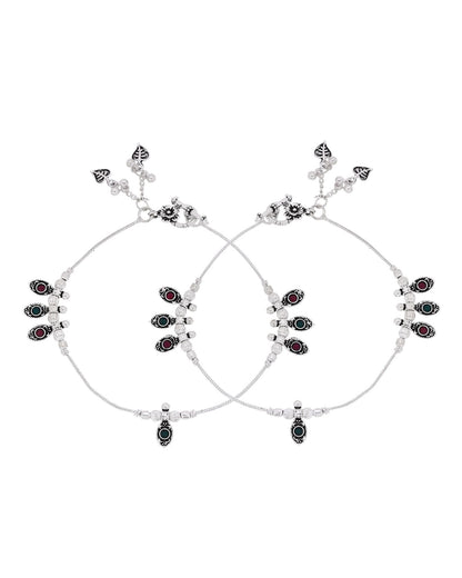 Jewels Nest Silver Plated Oval Stone Adjustable Anklet With Leaf Charms For Women