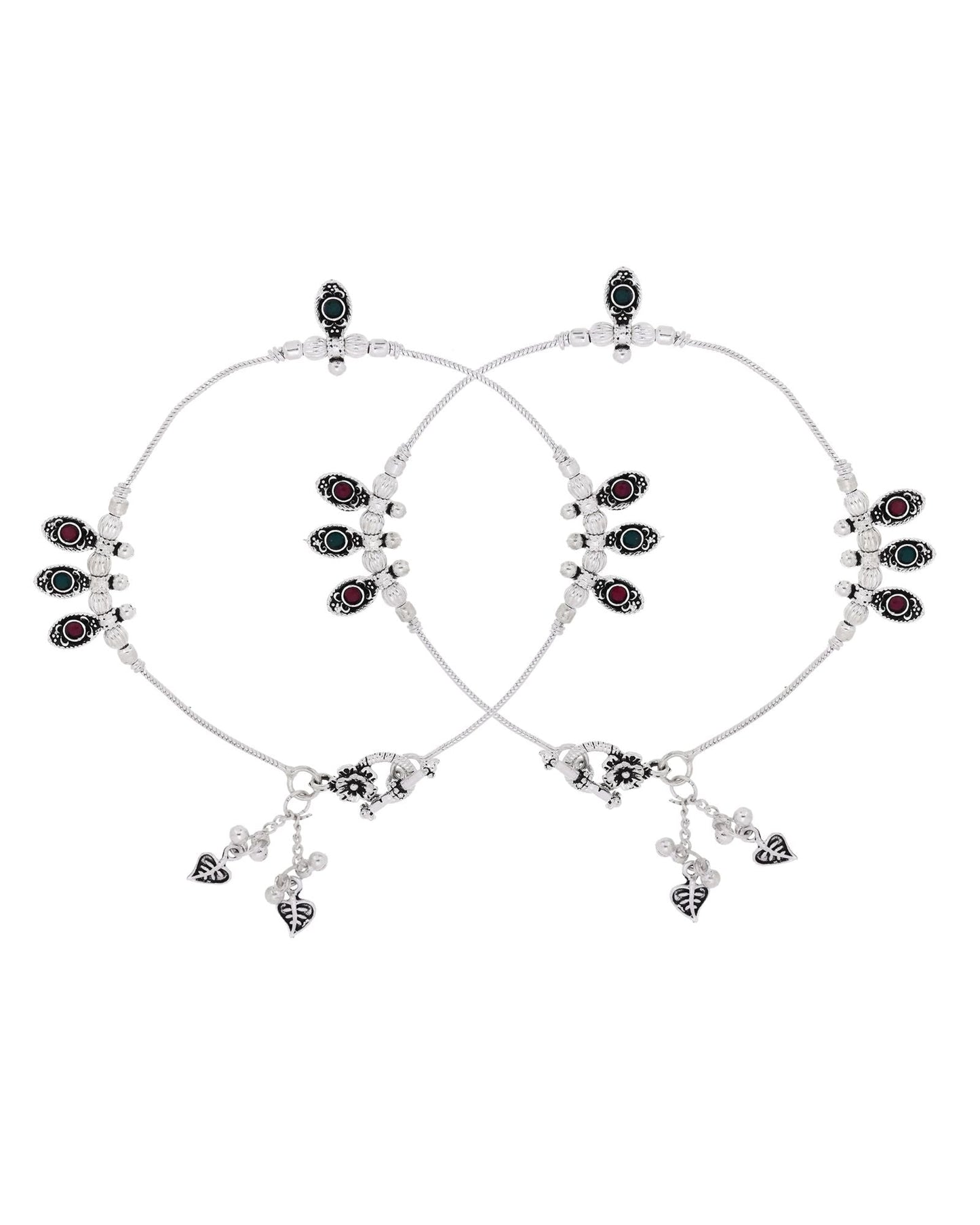 Jewels Nest Silver Plated Oval Stone Adjustable Anklet With Leaf Charms For Women