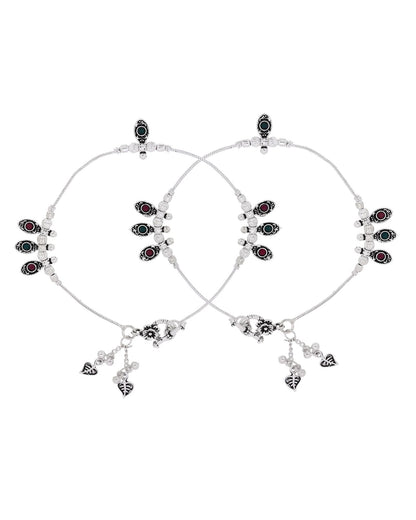 Jewels Nest Silver Plated Oval Stone Adjustable Anklet With Leaf Charms For Women