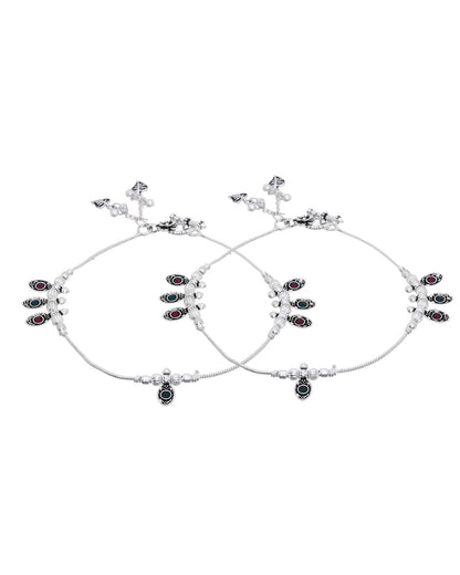 Jewels Nest Silver Plated Oval Stone Adjustable Anklet With Leaf Charms For Women