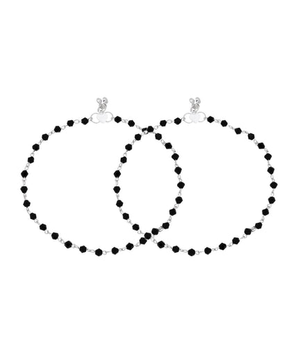 Jewels Nest Classic Black Bead Silver Anklet With Minimal Adjustable Design