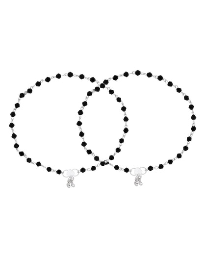 Jewels Nest Classic Black Bead Silver Anklet With Minimal Adjustable Design