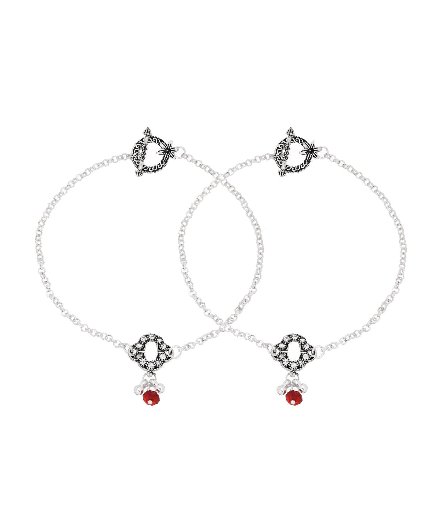 Jewels Nest Grace Charm Silver Anklet With Red Crystal Drop For Women