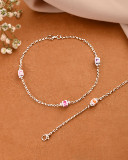 Jewels Nest Playful Alphabet Charm Silver Anklet With Pastel Letter Beads