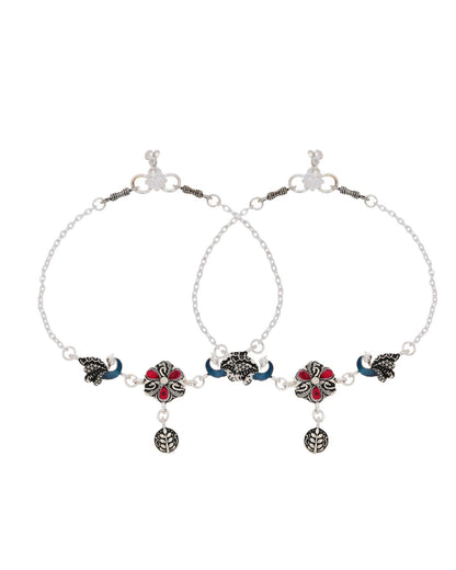 Jewels Nest Vintage Floral Charm Silver Anklet With Enamel Accents And Dangling Motifs