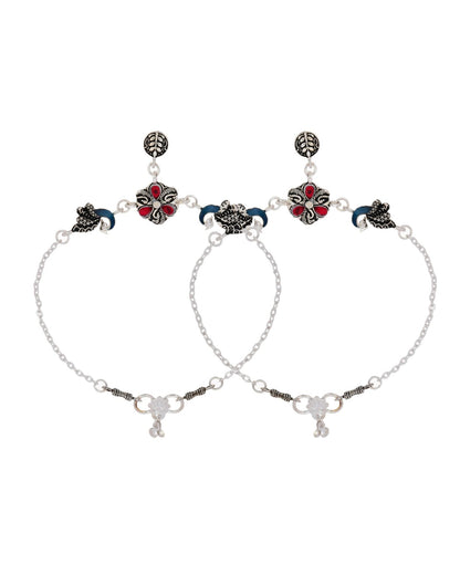Jewels Nest Vintage Floral Charm Silver Anklet With Enamel Accents And Dangling Motifs